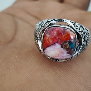 Vintage Boho Statement Ring, Abstract Multicolor Stone  Sterling  Handmade Artisan Chunky Gemstone Ring