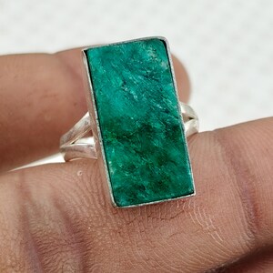 Emerald Green Rectangle Gemstone Ring,925 Sterling Silver, Handmade Statement Green Crystal Rings