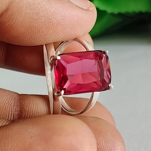 Natural Pink Ruby Emerald Cut Ring,925Sterling Silver Ring, Statement Handmade Minimalist Artisan Jewelry