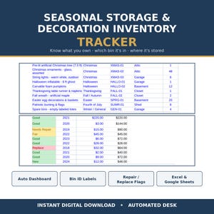 Seasonal Storage & Decoration Inventory Tracker Spreadsheet | Holiday Decor Organizer Excel and Google Sheets | Bin Label Value Log