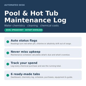 May include: A digital Pool & Hot Tub Maintenance Log Excel spreadsheet featuring sections for water chemistry, cleaning, and chemical costs. It includes auto status flags, maintenance scheduling, spending tracking, and six ready-made tabs for organisation.