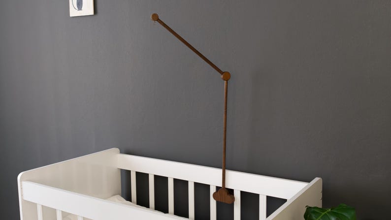 Natural Wood Baby Crib Mobile Holder, Handcrafted, Universal Design, Tool-Free Assembly Walnut Color