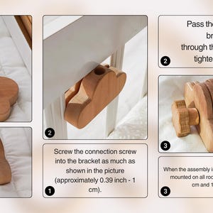 May include: Wooden cloud-shaped furniture hardware components with screws and nuts. The image shows the assembly process, including screwing the connection screw into the bracket and mounting it on rods between 0.39 inches and 1 inch.