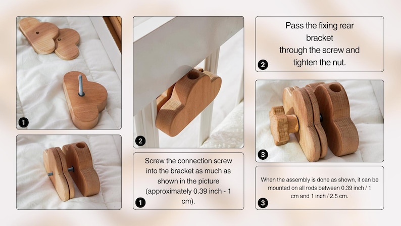 May include: Wooden cloud-shaped furniture hardware components with screws and nuts. The image shows the assembly process, including screwing the connection screw into the bracket and mounting it on rods between 0.39 inches and 1 inch.