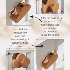 May include: Wooden cloud-shaped crib brackets. The brackets are light brown and designed to support a crib. The image includes text explaining how to use the brackets, including stacking them if the crib edge is not thick.