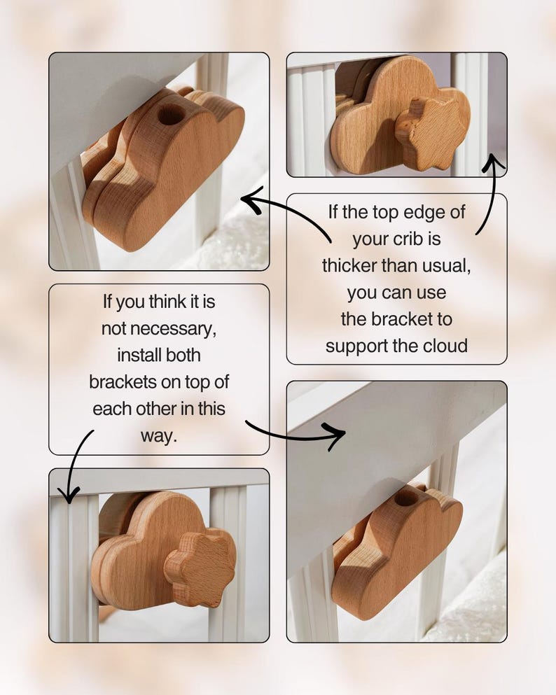 May include: Wooden cloud-shaped crib brackets. The brackets are light brown and designed to support a crib. The image includes text explaining how to use the brackets, including stacking them if the crib edge is not thick.