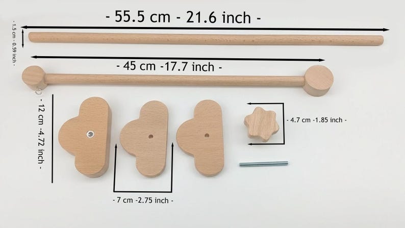 May include: Wooden baby mobile parts, including a 21.6-inch (55.5 cm) long rod, a 17.7-inch (45 cm) long rod, three cloud-shaped pieces (2.75 inches/7 cm wide, 4.72 inches/12 cm tall), a star-shaped piece (1.85 inches/4.7 cm), and a metal rod.