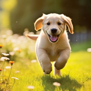 May include: A golden retriever puppy running through a grassy field, mouth open in a happy expression. The puppy's fur is a light tan color, and its ears are flopping in the wind. The background is blurred with flowers and sunlight.