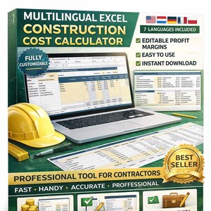 Op de afbeelding: Promotieafbeelding voor een meertalige Excel-constructiekosten calculator. De afbeelding toont een laptop met een spreadsheet, een gele helm en de tekst "MULTILINGUAL EXCEL CONSTRUCTION COST CALCULATOR". Het product is "FULLY CUSTOMIZABLE" en bevat "7 LANGUAGES".