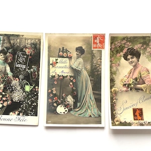 Set of 3 Antique French Postcards | Romantic Floral Ladies | Belle Époque Ephemera アンティークフレンチポストカード３枚セット
