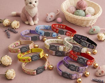 Spersonalizowana obroża dla kota z grawerowaną klamrą, spersonalizowana obroża dla kociaka z imieniem, regulowana obroża dla kota z kwiatowym wzorem, lekka obroża dla zwierząt