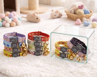Collar personalizado para gatos con hebilla grabada, collar para gatitos con nombre personalizado, collar ajustable con estampado floral, collar ligero para mascotas.