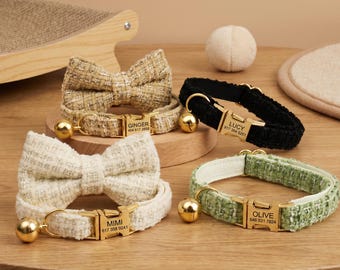 Collar de tweed personalizado para gato con lazo, identificación con nombre grabada a medida, collar ajustable para gatito con correa, accesorio para mascotas bonito y elegante