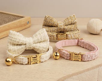 Collar de tweed personalizado para gato con lazo, identificación con nombre grabada a medida, collar ajustable para gatito con correa, accesorio para mascotas bonito y elegante