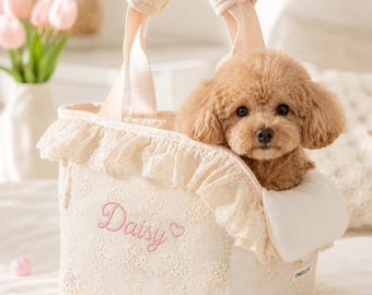 Transportín personalizado para perros pequeños y gatos, bolso de viaje de encaje para mascotas, bolso de hombro para cachorros, bolso suave y portátil para mascotas, transportín con nombre personalizado.