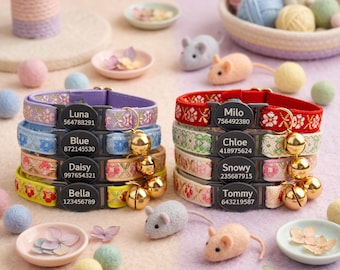 Collar personalizado para gatos con hebilla grabada, collar para gatitos con nombre personalizado, collar ajustable con estampado floral, collar ligero para mascotas.