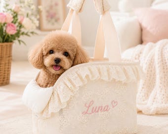 Transportín personalizado para perros pequeños y gatos, bolso de viaje de encaje para mascotas, bolso de hombro para cachorros, bolso suave y portátil para mascotas, transportín con nombre personalizado.