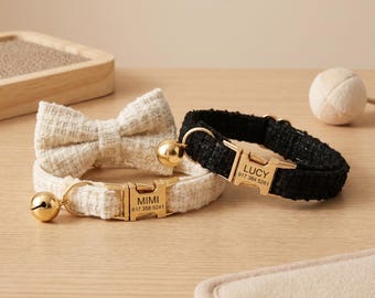 Collar de tweed personalizado para gato con lazo, identificación con nombre grabada a medida, collar ajustable para gatito con correa, accesorio para mascotas bonito y elegante