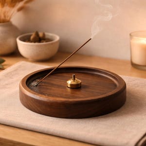 Palo de incienso negro macizo con quemador redondo hecho a mano y soporte de bandeja de madera de agar, ideal para  y decoración del hogar.