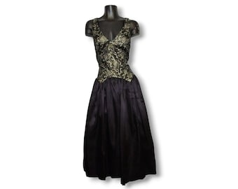 Vintage Gunne Sax Jessica McClintock Dress, 1980s Fit & Flare Black Gold Jacquard, Dark Romance, Lolita, Homecoming Prom, Vintage Clothing