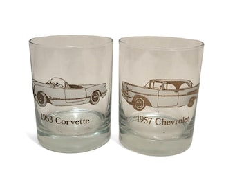 Vintage Dusseau Chevy Car Drink Glasses, 22K Gold Chevrolet Corvette Rocks Cocktail Glass, Double Old Fashioned Barware, Mid Century Bar