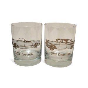 Vintage Dusseau Chevy Car Drink Glasses, 22K Gold Chevrolet Corvette Rocks Cocktail Glass, Double Old Fashioned Barware, Mid Century Bar image 1