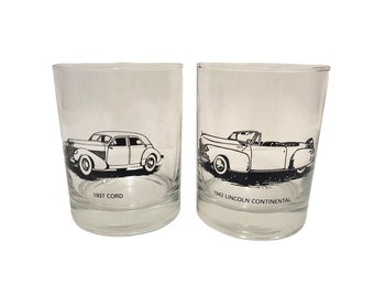 Vintage Classic Car Drink Glasses, Lincoln Continental Auburn Cord Rocks Cocktail Glass, Double Old Fashioned Barware, Mid Century Bar