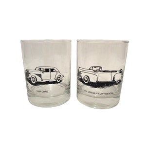 Vintage Classic Car Drink Glasses, Lincoln Continental Auburn Cord Rocks Cocktail Glass, Double Old Fashioned Barware, Mid Century Bar image 1