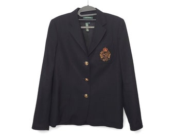 1990s Vintage Lauren Ralph Lauren Wool Blazer, LRL 3D Royal Crest Black Jacket, Classic Preppy Ivy League, Yacht Club, Vintage Clothing