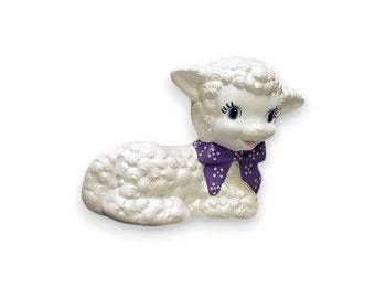 1980s Vintage Ceramic Lamb, Handpainted White Wooly Easter Figurine, Baby Sheep w/ Purple Bow Boy Girl Nursery, Vintage Holiday Home Decor