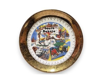 Vintage South Dakota Souvenir Plate, 1970s Gold Rimmed China, Travel Memorabilia, Cowboy Collectors of United States, Vintage Home Decor