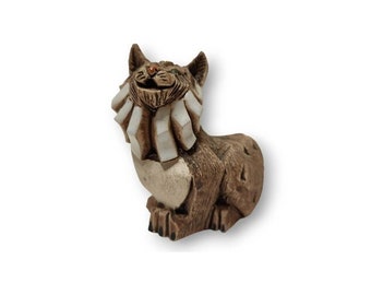 1980s Vintage Carved Lynx Folk Art Sculpture,  Artesania Rinconada #77L Figurine, Handmade, Classic Collection, Ceramic Bobcat Wild Cat