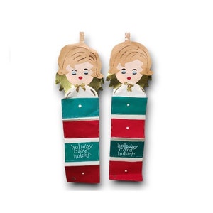 Par de portatarjetas navideños con forma de ángel, estilo japonés vintage de los años 50, colgador de fieltro para pared o puerta, 2 tarjetas de felicitación navideñas con estrellas brillantes, decoración colgante para guardarlas.