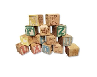 Vintage Alphabet ABC Blocks, Childs Learning Wooden Toy Blocks, Capital Letters Square Toddler Childrens Building Blocks, Japan Vintage Toys