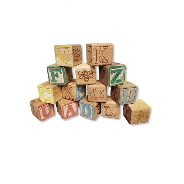 Vintage Alphabet ABC Blocks, Childs Learning Wooden Toy Blocks, Capital Letters Square Toddler Childrens Building Blocks, Japan Vintage Toys