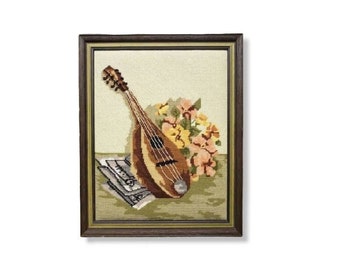 1970s Vintage Mandolin Needlepoint, Handmade Still Life Art, Framed Musical Instrument Needlework, Cottagecore Retro Vintage Wall Hanging