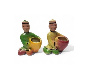 1960s Vintage Asian Boy with Basket Planters, 2 Mid Century Modern Art Pottery Figurines, Ceramic Trinket Holder, Vintage Home Decor