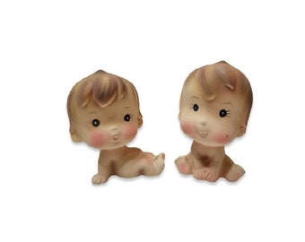 1950s Vintage Norleans Japan Baby Figurines, Bisque Infant Boy & Girl Kewpie, Baby Twins, Shower Gift, Nursery, Retro Vintage Home Decor