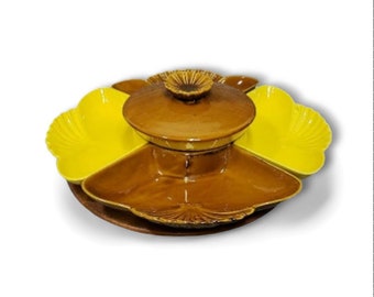 1960s 1970s Vintage Ceramic Lazy Susan, Chips n Dip Party Serving Dish, California Pottery Brown & Yellow Server, Mid Century Modern Kitchen