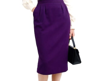 1980s Vintage Christian Dior Wool Pencil Skirt Purple High Waist USA