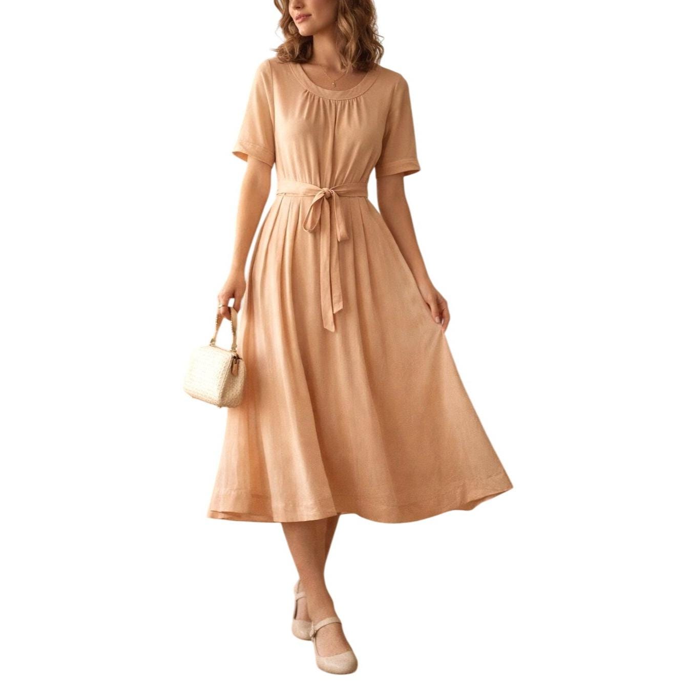 slim fit dress slacks Peach Fit and Flare Midi Dress with Square Neck main image 1