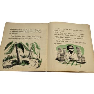 May include: An open book with illustrations and text. One page shows palm trees and text about Black Jumbo. The other page depicts a person with a mustache and stacks of pancakes, with text about pancakes for supper.