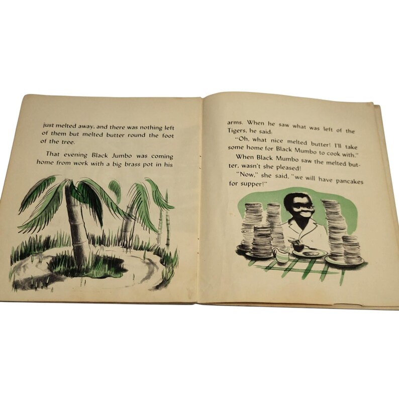 May include: An open book with illustrations and text. One page shows palm trees and text about Black Jumbo. The other page depicts a person with a mustache and stacks of pancakes, with text about pancakes for supper.