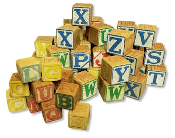 1970s Vintage Alphabet Blocks, Childs Learning Wooden Toy Blocks, Capital Letters Square Toddler Childrens ABC Building Blocks, Vintage Toys