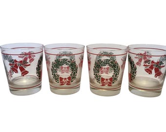 Vintage JCPenney Christmas Glasses, Wreaths Bells Tumblers, 1970s Barware (Set of 4) Deadstock