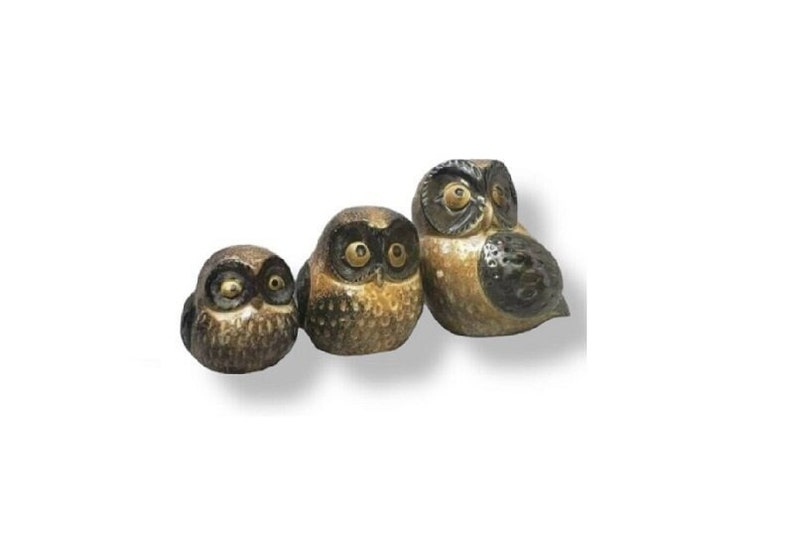 1960s Vintage Owl Family Figurines, Mid Century Woodland Big Eyed Birds, Japan Stoneware, Earthy Rustic Owls Home Decor, Vintage Wall Decor image 10
