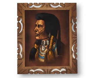 Vintage Black Velvet Painting, Native American Framed Art, Indian Chief Signed Oil Painting, Retro Kitsch Home, Vintage Wall Hanging Decor