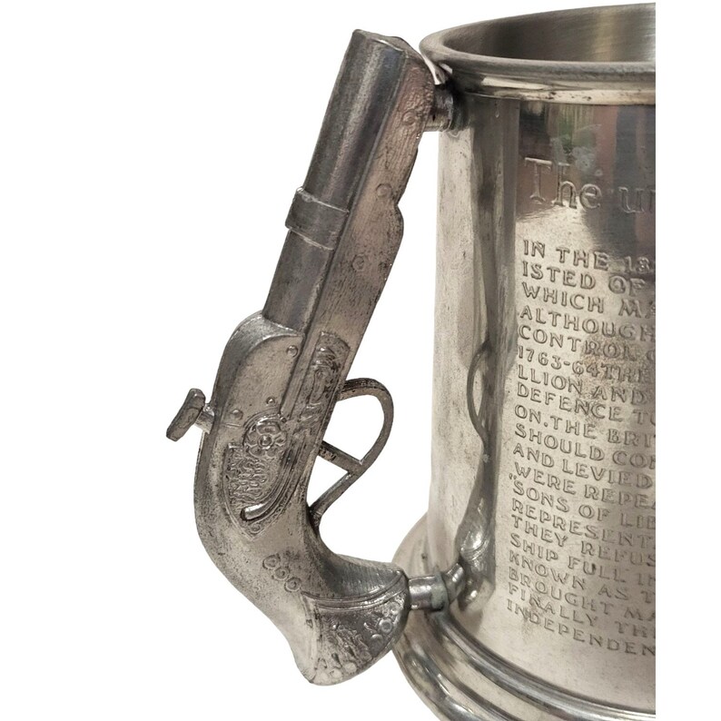 Vintage 2 English Pewter Tankards, Declaration of Independence, See Through Glass Bottom, Pistol Handgun Handle Beer Mug, Vintage Barware image 5