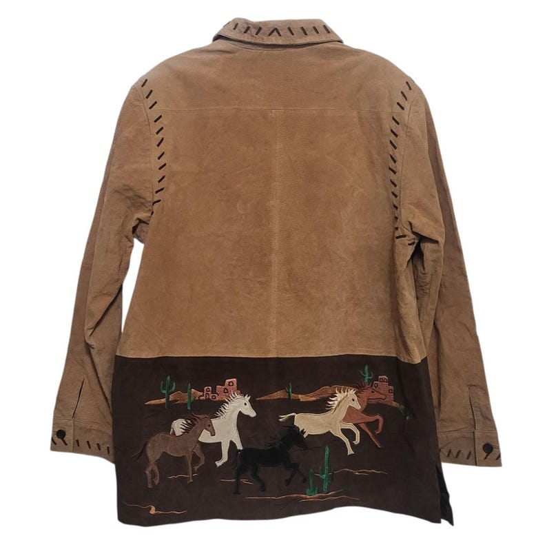 Back of vintage Quacker Factory Western jacket showing tan suede upper and brown suede lower panel with detailed embroidery and whipstitch accents.