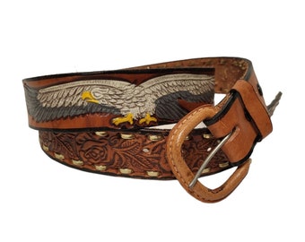 Vintage Americana Belt, Brown Leather Tooled Eagle Roses USA, Handmade in Mexico, Biker, Western, Wild West Mens Accessories